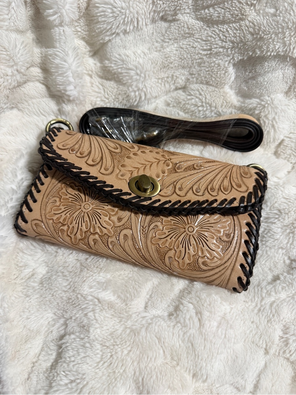 Tooled Floral Leather Crossbody Bag in Tan with Contrast Trim